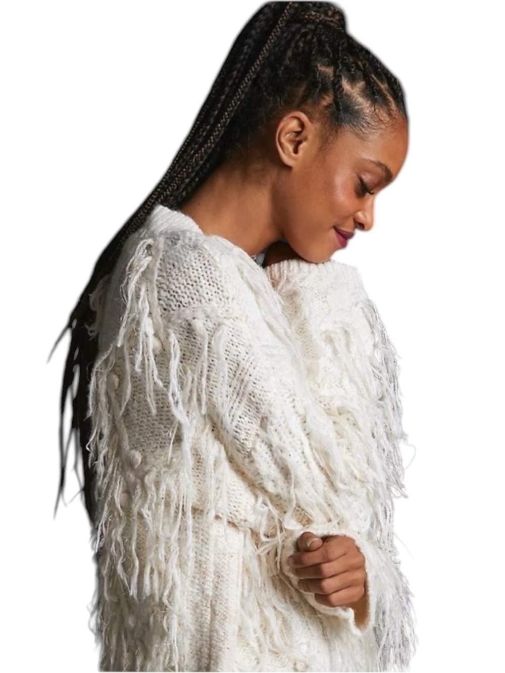 Anthropologie Fringed Sweater Cream Long Sleeve V-Neck Oversized Pullover Sz L - Picture 2 of 7